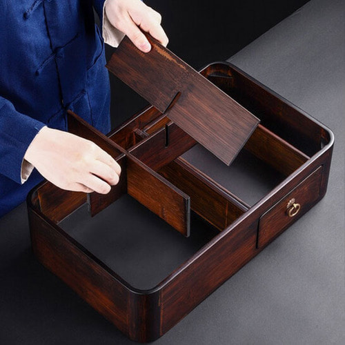Bamboo Rectangular Right-Angle Tea Table Toolbox - Black